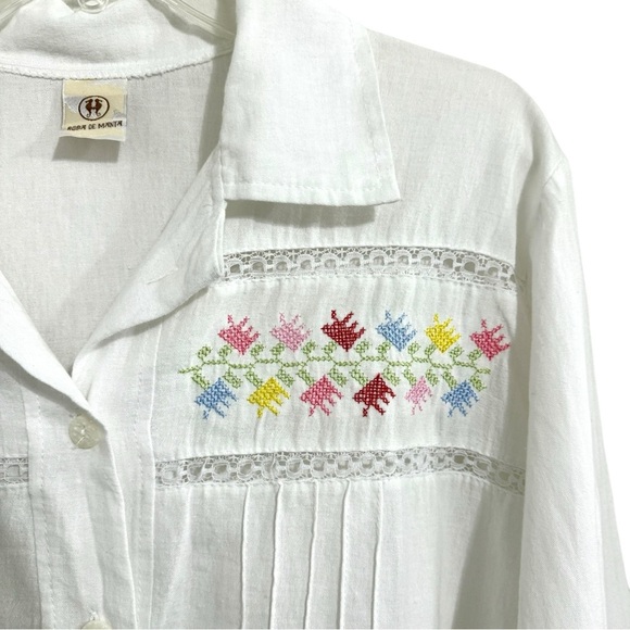 Hand Embroidered Mexican Manta Cotton Blouse Shirt Top Wmn’s Size M L White Boho - Picture 4 of 9
